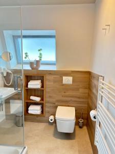baño con aseo y lavabo y ventana en Open-Water-Resort, en Geierswalde