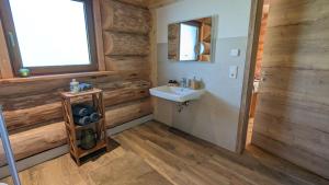 a bathroom with a sink and a mirror at Waldzeit Lodge - Ferienwohnung Fuchs in NeuhÃ¼tten