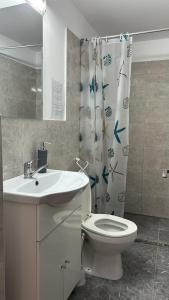 a bathroom with a toilet and a sink and a shower curtain at Hotel Intim in Rădăuţi