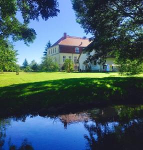 una casa grande con un estanque frente a ella en 1 Schwerin, en Borkow
