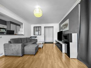 een woonkamer met een bank en een televisie bij Le Lumineux - Proche centre-ville et Atlantis in Saint-Herblain