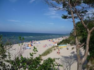 a group of people on a beach near the ocean at Bungalow Schoner Greif, Bgl 8 in Dranske