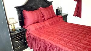 1 dormitorio con cama roja y almohadas rojas en 2 bedrooms apartement with garden at Kenitra, en Kenitra