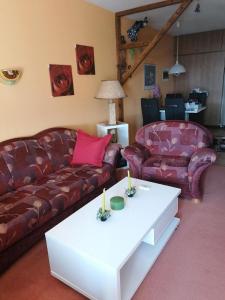 - un salon avec deux canapés et une table basse dans l'établissement Wohnung in Hahnenklee mit Garten, à Goslar