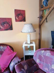 - un salon avec deux chaises et une table avec une lampe dans l'établissement Wohnung in Hahnenklee mit Garten, à Goslar