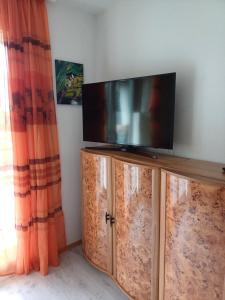 a flat screen tv sitting on top of a wooden cabinet at Apartment Flughafen Leipzig in Hayna