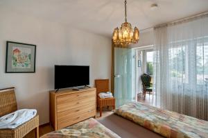 a bedroom with a bed and a tv on a dresser at Odenwald Ferienwohnung in Schönbrunn