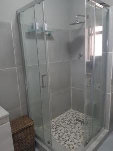 La salle de bains est pourvue d'une douche avec une porte en verre. dans l'établissement Oak Terrace 39, à Hermanus