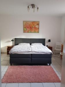 a bedroom with a bed with a red rug at Souterrain in Rheinbach