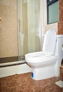 a bathroom with a toilet and a shower at The Perfect Retreat Apartment with great view. in Nairobi