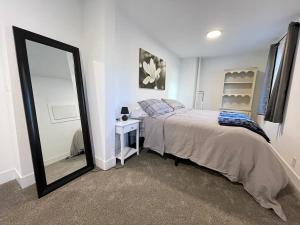 a bedroom with a bed and a large mirror at 2 Bedroom Apartment, Walk To Mayo, Free Parking in Rochester
