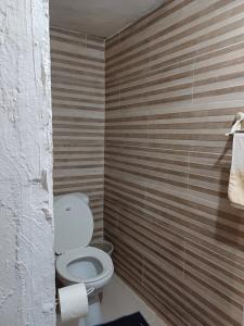 baño con aseo y pared a rayas en Habitación margarita, en Bayahibe
