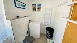 een kleine witte badkamer met een toilet en een vuilnisbak bij Ferienwohnung Weißenfels Fam Fricke in Weißenfels