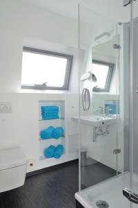 een badkamer met een glazen douche en een wastafel bij Appartment Seeblick 8 2 OG Grundbelegung 4 Pers in Elsterheide