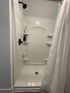 a bathroom with a shower with a shower curtain at Heart of Downtown Free Parking Walk to Mayo in Rochester