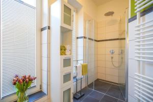 a bathroom with a walk in shower and a glass window at FeWo Lina in Borkum