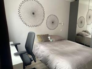 a bedroom with a bed and a chair and mirrors at Cosy appartement proche de Paris in Le Raincy