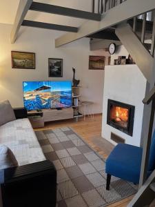 a living room with a couch and a fireplace at Altja Villa-Cottage with sauna in Altja