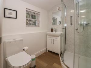une salle de bains avec douche, toilettes et lavabo dans l'établissement Dalegarth Hall Farm Cottage 2, à Holmrook 30 autres photos