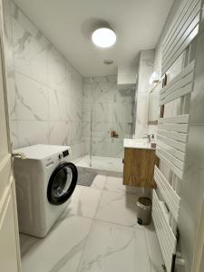 a bathroom with a washing machine and a shower at Magnifique appart côté Cathédrale in Strasbourg