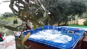 a hot tub in a backyard with a tree at Casale Ariella Patricio in Mombaroccio