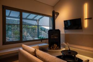 a living room with a fireplace in front of a window at 1050 Mountain Living in Pávliani