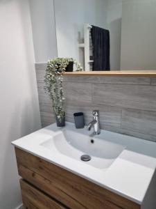 a bathroom with a white sink and a mirror at Appartement Mers les Bains à deux pas de la plage. in Mers-les-Bains