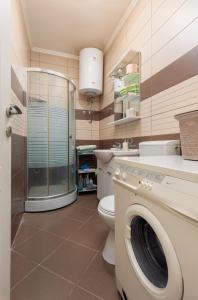 La salle de bains est pourvue d'une douche et d'un lave-linge. dans l'établissement Apartment Providenca, à Dobrota