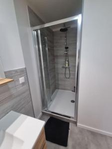 a shower with a glass door in a bathroom at Appartement Mers les Bains à deux pas de la plage. in Mers-les-Bains