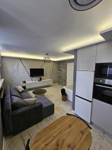 a living room with a couch and a kitchen at Apartament z Jacuzzi Klimatyzacja Prywatny Parking in Radom
