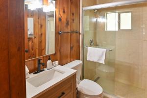 a bathroom with a toilet and a sink and a shower at Harris Lakeview Cabin in Bass Lake +15 photos
