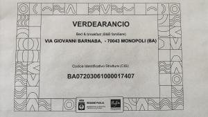 Certifikát, hodnocení, plakát nebo jiný dokument vystavený v ubytování B&B Verdearancio