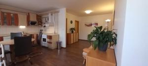 Habitación con cocina y mesa con planta en Apartmán McVitek en Sušice