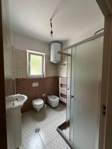 een badkamer met een toilet en een wastafel bij Guest House Artjon in Fierzë