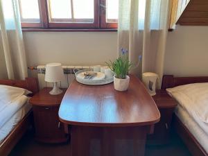 um quarto com duas camas e uma mesa com uma planta em Dom Wypoczynkowy Morski Oddech em Leba