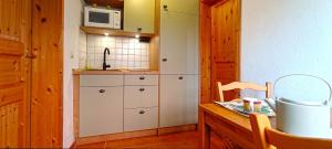 eine Küche mit einem weißen Schrank und einer Mikrowelle in der Unterkunft Ferienwohnung Wenzlaff in Arnstadt