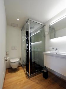 uma casa de banho com um chuveiro, um WC e um lavatório. em Hotel Sternen em Lenk
