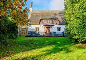 Panxworth的住宿－Holly Cottage，茅草屋顶和庭院的房子