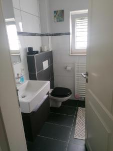 uma casa de banho com um lavatório branco e um WC. em Haus Alma 1 em Wardenburg
