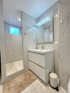 La salle de bains blanche est pourvue d'un lavabo et d'une douche. dans l'établissement Joli appartement dans une maison remise à neuf, à Mittelhausbergen