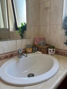 lavabo blanco en el baño con espejo en Sea stars Kaliakria resort, en Topola
