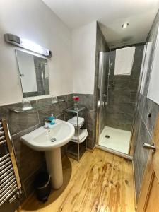a bathroom with a sink and a shower at The Crown Inn in West Down