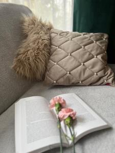 a book and flowers on a couch with a pillow at AgroDomek in Rzepiska
