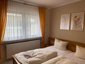 - une chambre avec un lit en face d'une fenêtre dans l'établissement Ferienwohnung 1 Am Petersberg, à Neef