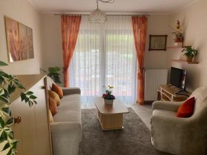 - un salon avec un canapé et une télévision dans l'établissement Ferienwohnung 1 Am Petersberg, à Neef