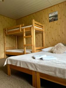 a bedroom with two bunk beds in a cabin at AgroDomek in Rzepiska