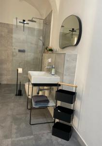 ein Badezimmer mit Waschbecken, Dusche und Spiegel in der Unterkunft schloss1 in Selb + 39 Fotos