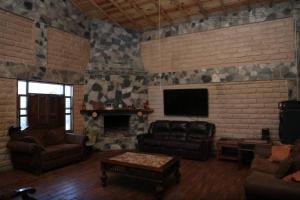 ein Wohnzimmer mit einem Sofa und einem Kamin in der Unterkunft Cabaña Los Hernández in Arteaga