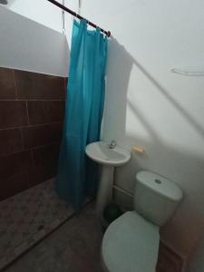 a bathroom with a toilet and a sink and a blue shower curtain at hostal el gran amparo in Sevilla