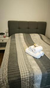 ein Bett mit zwei Handtüchern darüber in der Unterkunft Apartman Ivana in Klek
